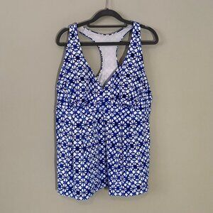 Lands' End blue white racerback v-neck flowy tankini swimsuit bikini top